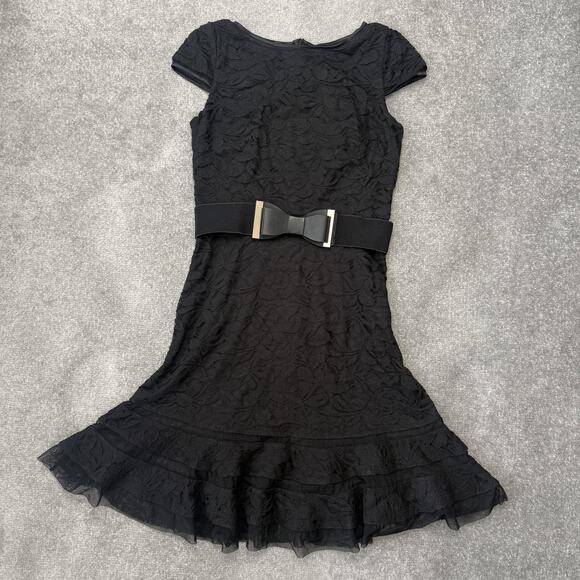 Joseph Ribkoff Dresses & Skirts - Joseph Ribkoff Dress Womens 8 Black Lace Fit Flare Belted Ruffle Hem Knee Length